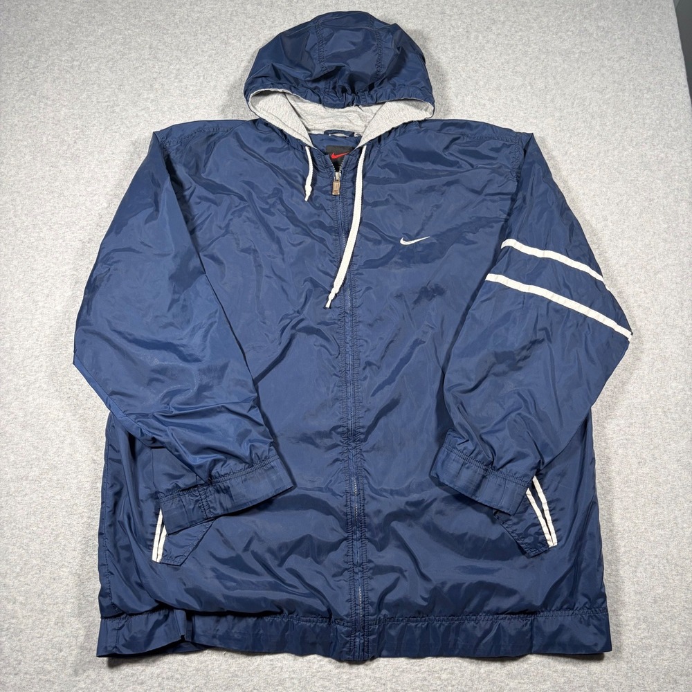 Nike Windbreaker Jacket Mens XXL Blue Full Zip Hooded Swoosh Logo Vintage